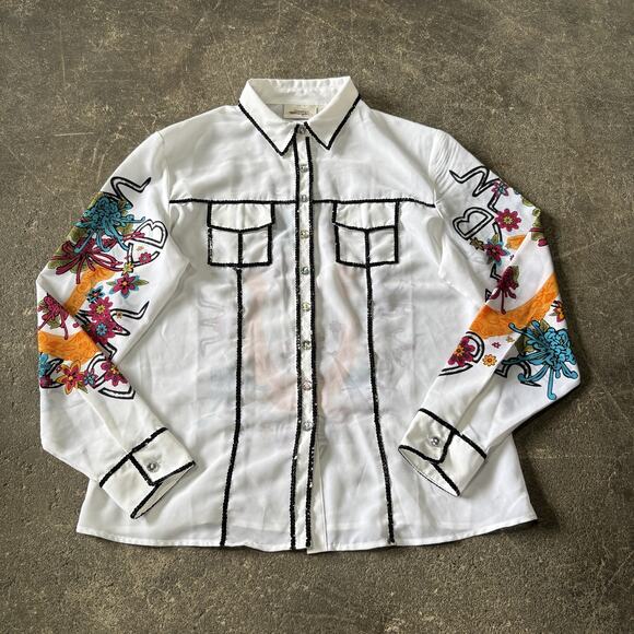 Wrangler Shirt Womens M White Sequin Western Double D Floral Rodeo Button Up - Picture 1 of 8